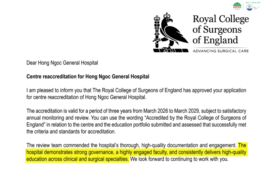 Letter from the Royal College of Surgeons of England (RCS) to Hong Ngoc General Hospital